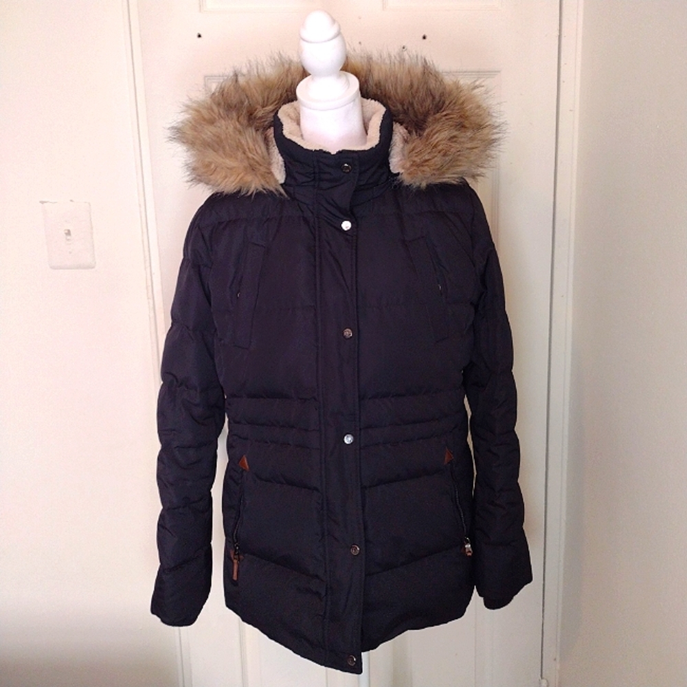 Women's Faux-Fur-Trim Hooded Puffer Coat Lauren Ralph Lauren Black Large